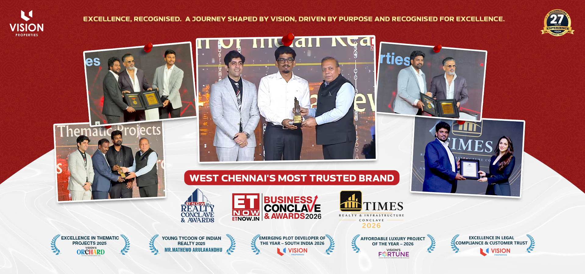 Vision Properties awards — Excellence in Thematic Projects 2025, Young Tycoon of Indian Realty 2025, Emerging Plot Developer of the Year 2026, Affordable Luxury Project of the Year 2026 and Excellence in Legal Compliance & Customer Trust